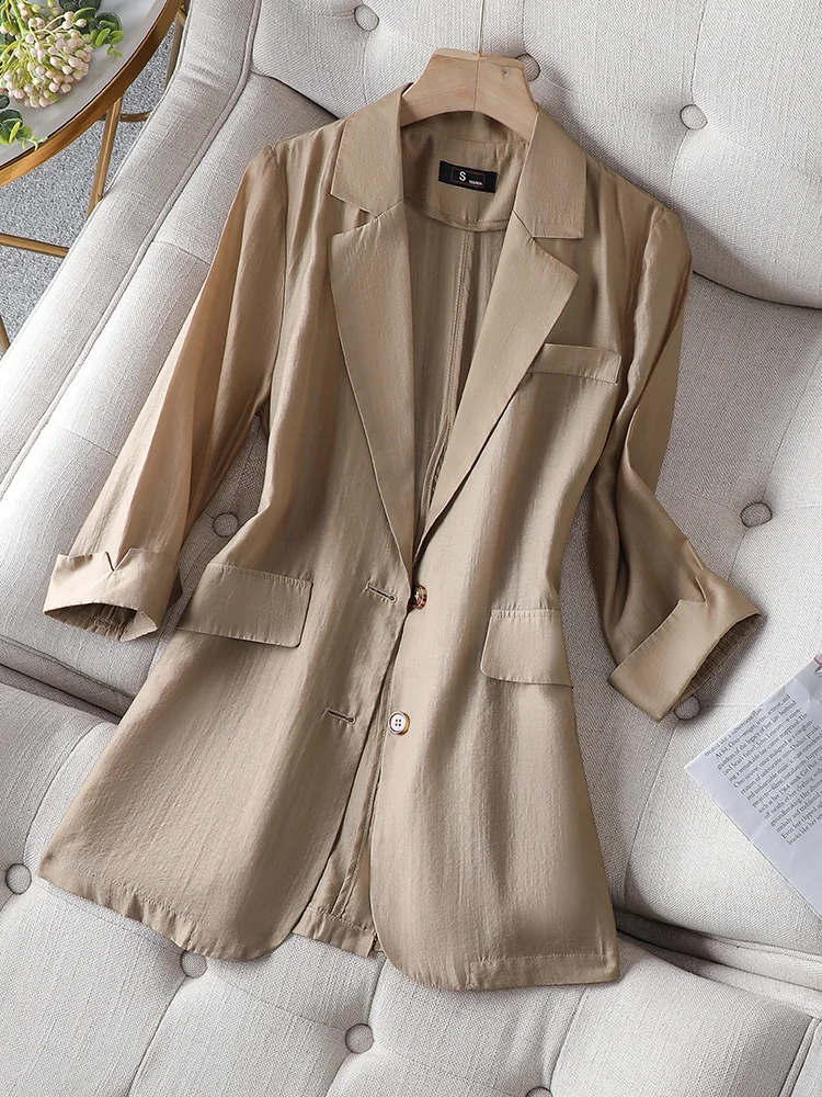 

Женский тонкий шелковый костюм: жакет, футболка, рукав три четверти, свободный повседневный летний костюм в новом корейском стиле, высококачественный деловой костюм