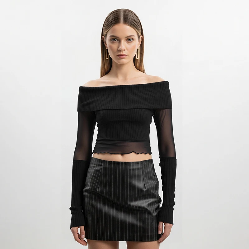 CUTENOVA Fall New Arrival Women Fashion Hot Girl Solid Color Mesh Patchwork Off-Shoulder Long Sleeve Cropped Top Chic Streetwear