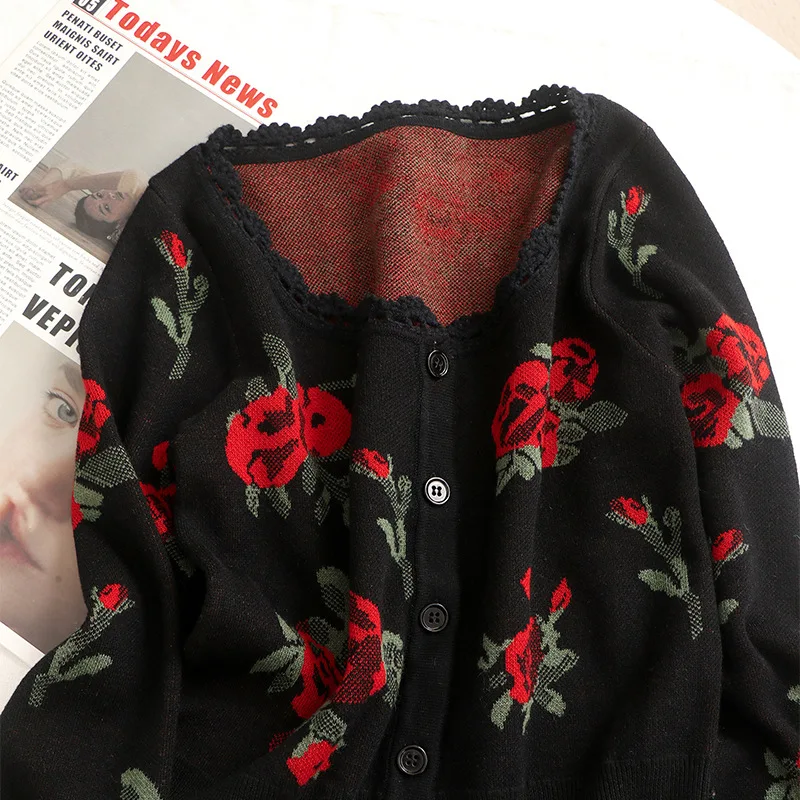 High Quality Women Spring Autumn New Sweet Cute Vintage Floral Embroidery Slim Knitted Cardigan Sweater