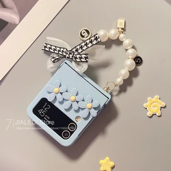 Bow Beads Bracelet Flower Hinger Phone case For Samsung Galaxy Z Flip 3 4 5 6 7 flip6 zflip7 Cover