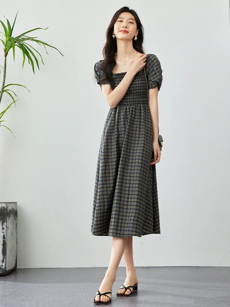 VIMLY Summer Women\'s Commuting Style Square Neck Elastic Waist Plaid Print Dress Summer Casual Puff Sleeve Slim Long Dress M7056