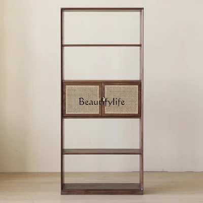 

Customized Solid Wood Combination Simple Modern Black Walnut Wooden Bookshelf Rattan Floor Storage Cabinet