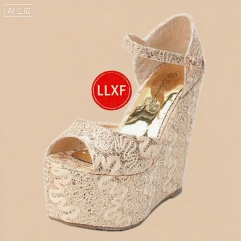 

LLXF Босоножки на танкетке 15 см на шпильке с открытым носком Туфли на высоком каблуке Женские туфли-лодочки с кружевом и пряжкой Zapatos Mujer Маленькие размеры: 30 31 32 33-43