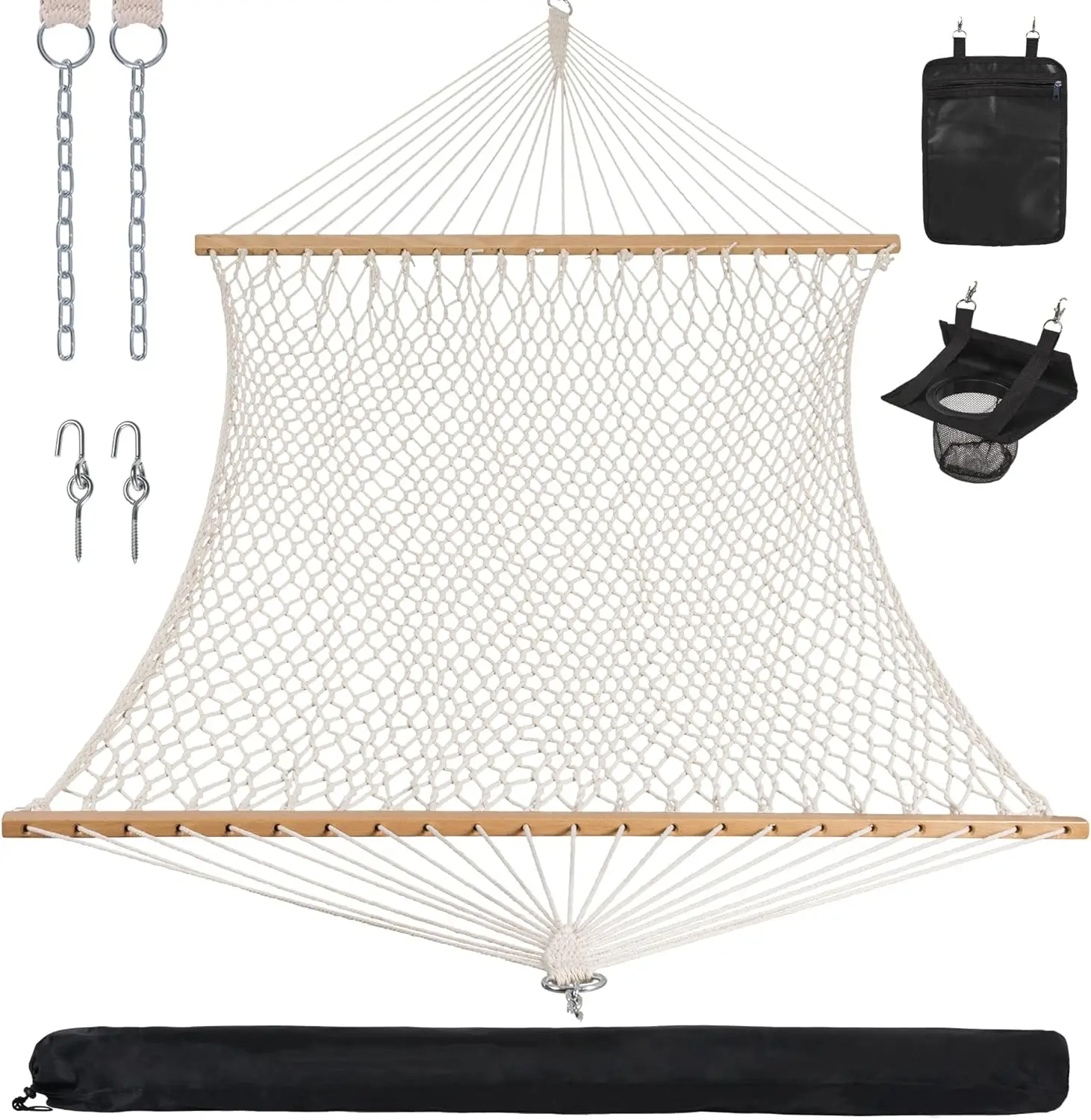 Rope Hammock Double Hammock with Hardwood Spreader Bar and Carrying Bag, 450 LBS Weight Capacity for Two Person, Natural