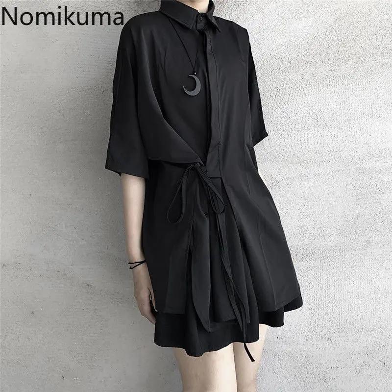 Harajuku Black Blouses Women Japanese Summer Shirts Oversized Y2k Tops 2024 Blusas Mujer De Moda Bandage Casual Fashion Blouse