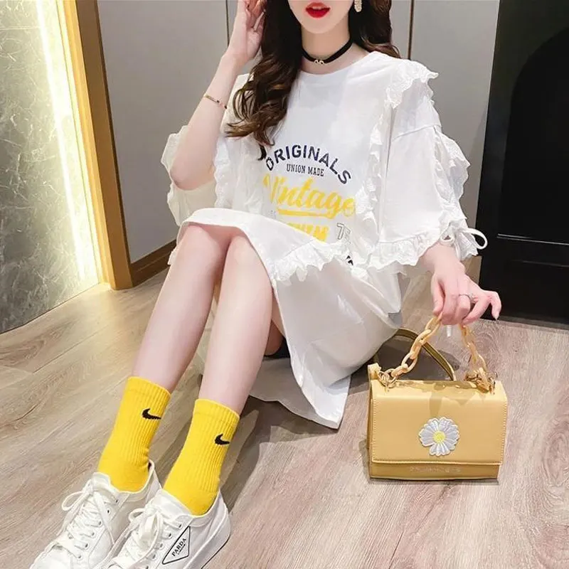 Commute Korean Letter Printed T-shirt Female Clothing Fashion Lace Patchwork Short Sleeve Summer Casual Loose O-Neck Pullovers