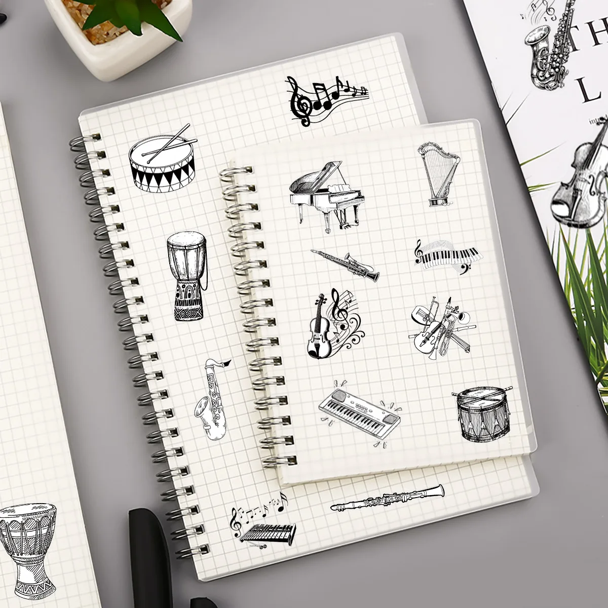 50Pcs New Musical Instruments Graffiti Stickers Guitar Drum Piano Decoration Black White Style Transparent Decals Kids Toys