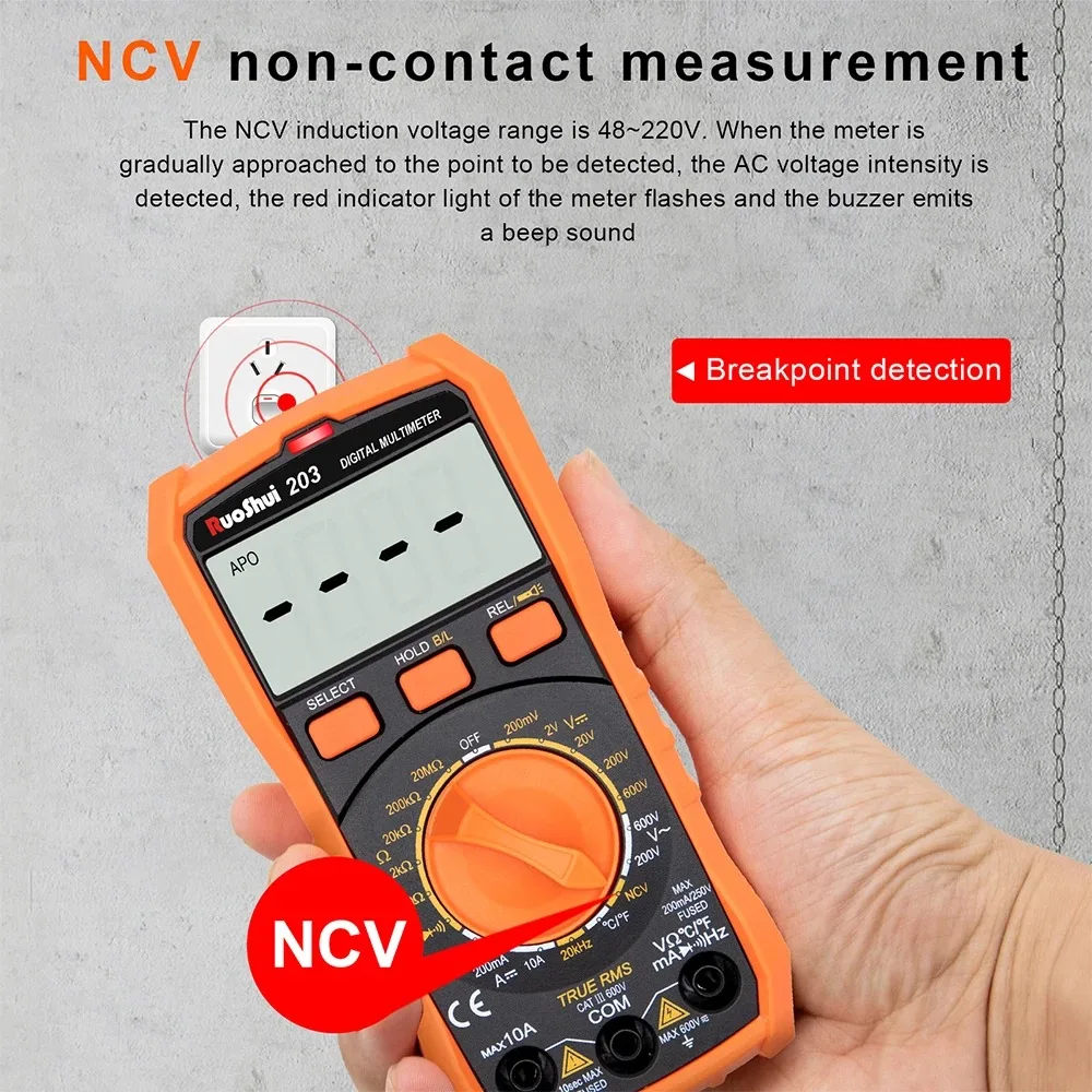 201/202/203/205A Handheld Digital Multimeter AC/DC Voltage Current 6000 Counts Backlight NCV Large LCD Screen Resistance Meter