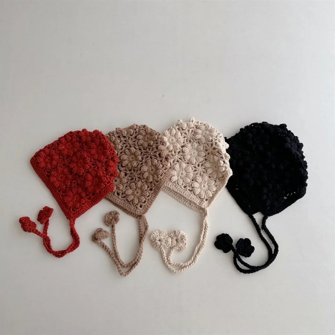 Knitted Baby Hat Kids Girls Handmade Crochet Ear Flap Beanie Cute Hollow Out Warm Spring Headwear Fashion Ear Protection Cap image 4