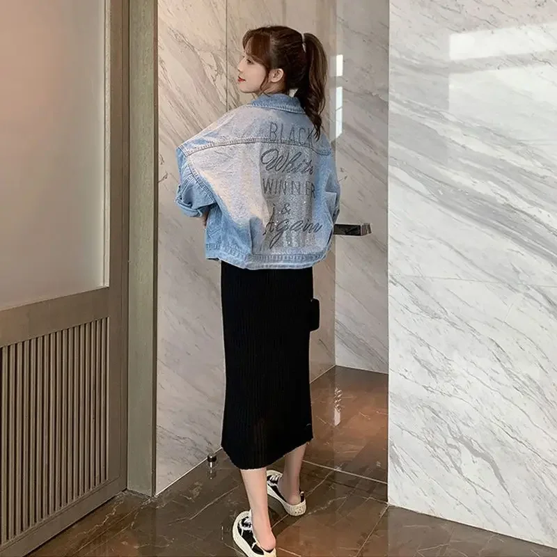 Sequin Female Jeans Coat Diamonds with Rhinestones Spring Autumn Small Short Graphic Outerwears Print Women's Denim Jackets Blue