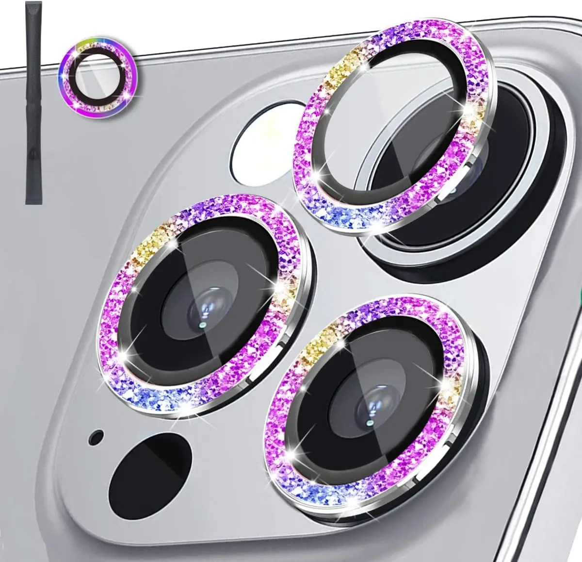 2-3Pcs Bling Pink Lens Film For IPhone 15 16 17Pro Max Camera Lens Protector 9H Tempered Glass Camera Cover Metal Individual Rin