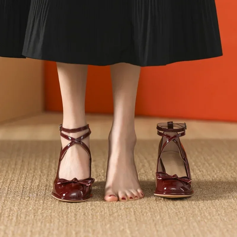 Red Mary Jane Women Pumps Thick High Heels Shoes Female Lolita Square Toe Shoes Spring Fashion Party Leather Woman Shoes New