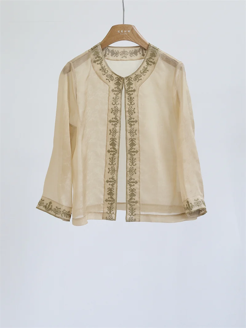 

Elegant Embroidered Silk Euro Organza Cardigan Coat Women's Style Ageless Design Long Sleeve round Neck Straight Cut Faux Silk