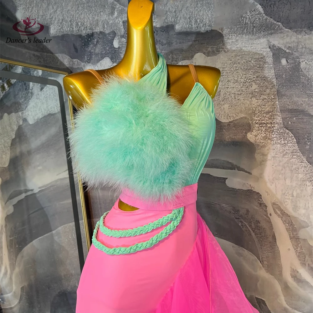 Latin Dance Rhinestone Women\'s High-end Customized Mint Green+rose Pink Contrasting Samba Performance Dress
