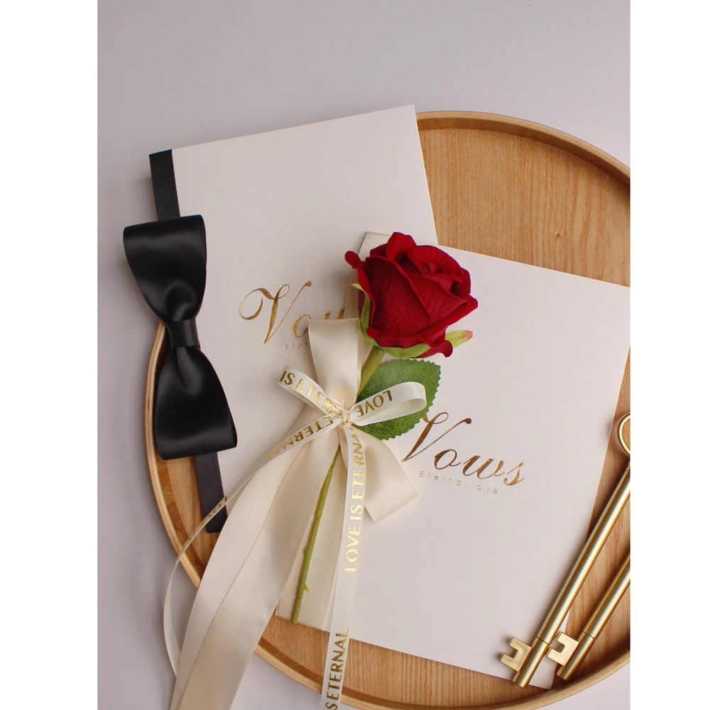 Creative Vows Card 300g Special Paper Hot Stamping and Concave Process Rose Flower Cover Vow Book Wedding Decor Favor 2pcs/Set