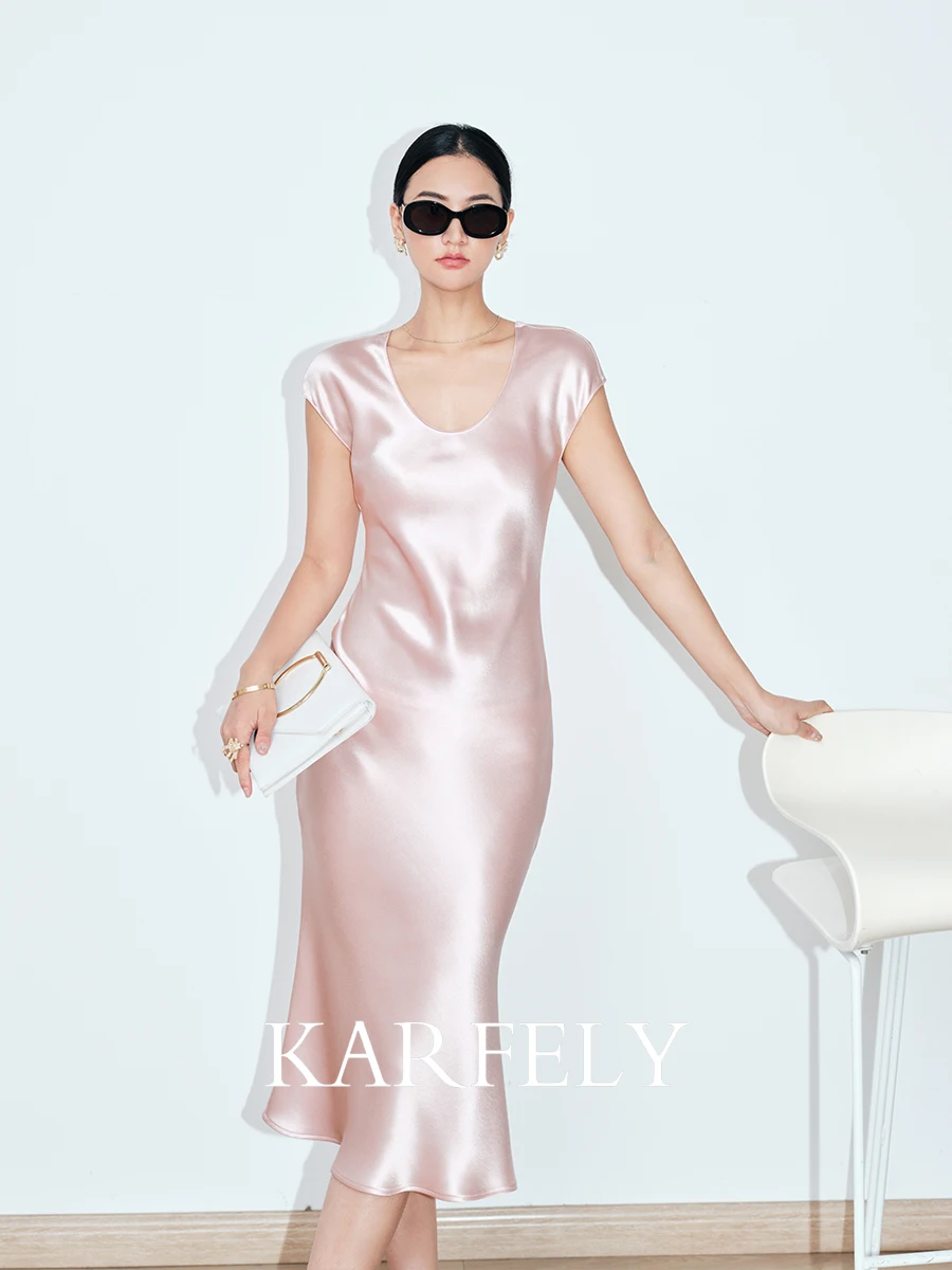 

KARFELY/Acetic Acid Satin Dress U-Neck Triacetic Acid Satin Dress 45 Degree Oblique Cut High end Midlength Dress