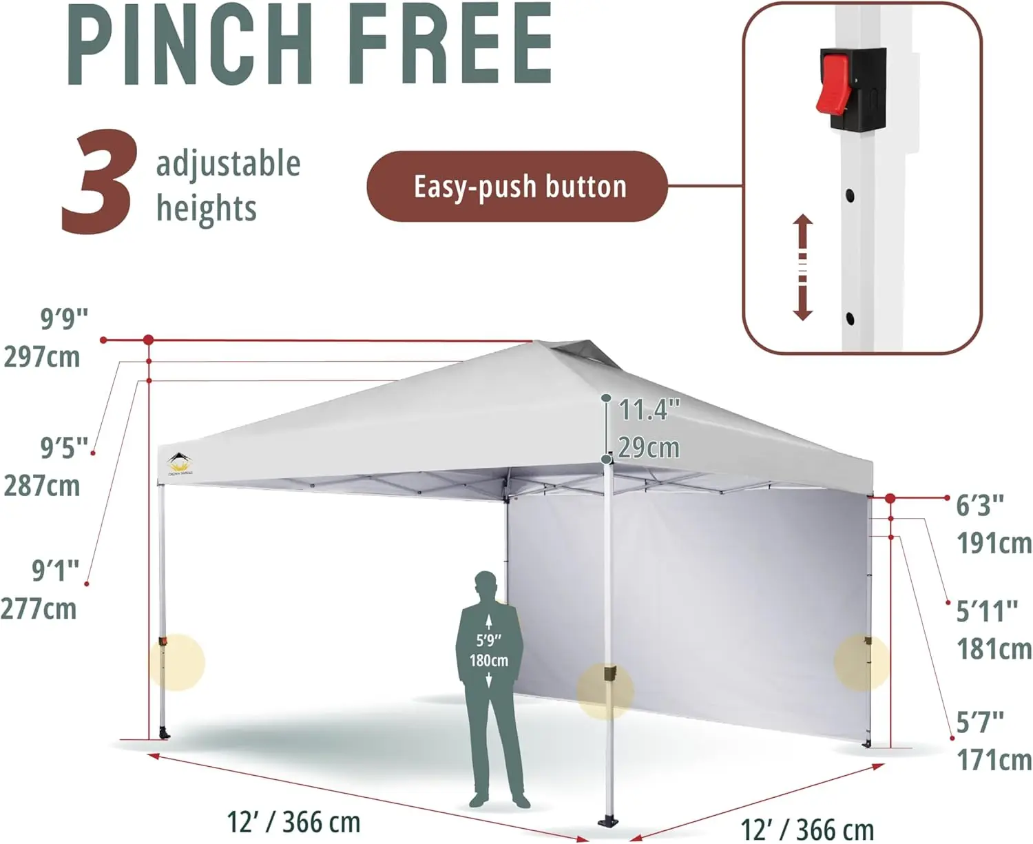 12x12 Pop Up Canopy Tent Instant Commercial with 150D Silver Coated Fabric Including 1 Removable Sidewall, 4 Ropes, 8 Stakes, We