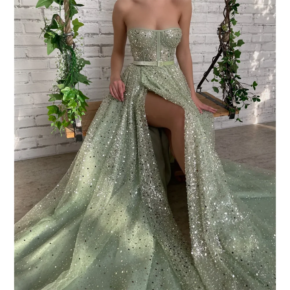 Summer Shiny Light Green Sequin Prom Dresses Side Split Sexy Floor Length Sleeveless Slim Fit Vestidos De Fiestas Elegantes Muje