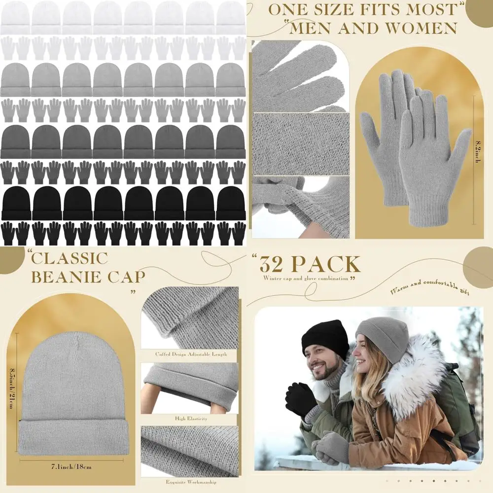 

Bulk 64 Piece Winter Knit Hat and Glove Sets, Windproof Beanie Caps with Gloves for Men and Women