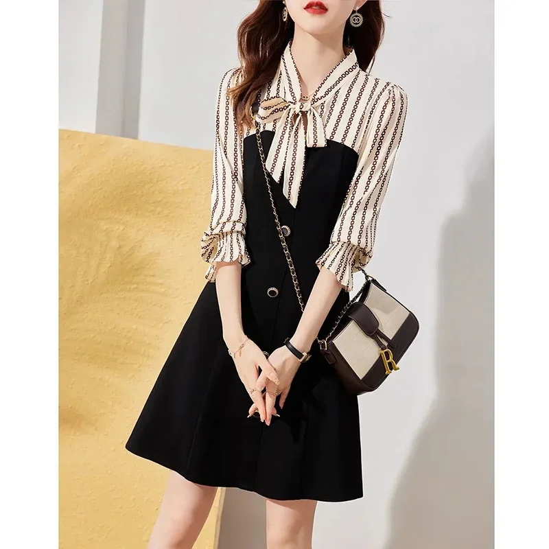 Women\'s Clothing Fashion Button Bow Elegant Dress Spring Autumn Office Lady Spliced Slim Knee-Length Dress