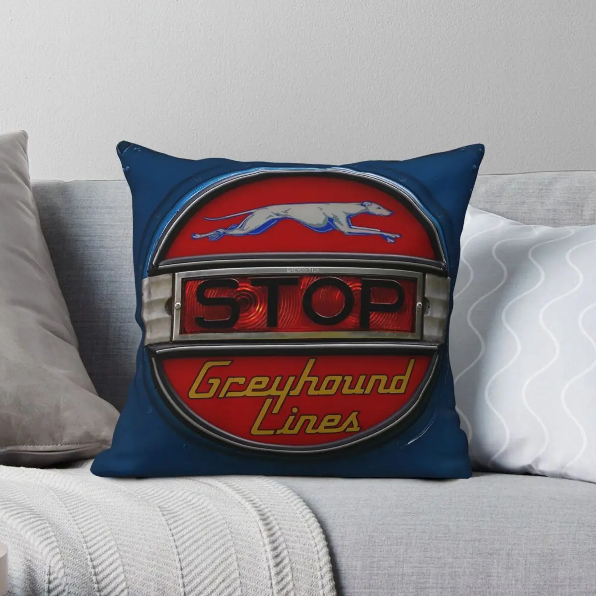 PD-3751 Greyhound Bus Stop Sign Square Pillowcase Polyester Linen Velvet Printed Zip Decorative Throw Pillow Case Room Cover 18