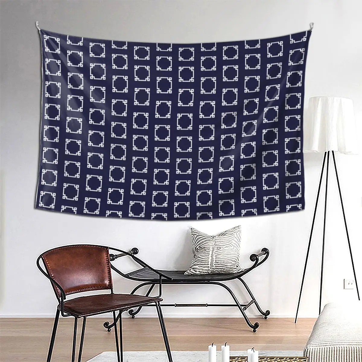 

Greek Key Square White On Navy Blue Tapestry Art Wall Hanging Aesthetic Home Decoration Tapestries for Living Room Bedroom Dorm