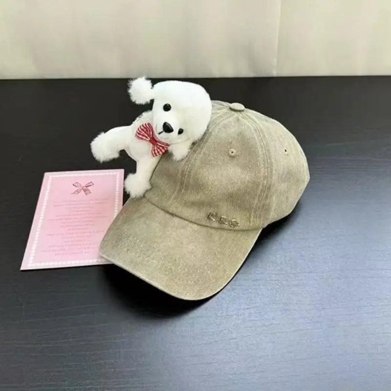 31BF Distressed Cotton Baseball Cap For Women Teens Adjustable Band Cartoon Stuffed Dog Design Snapbacks Hat for Streetwear