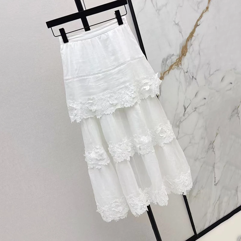 Media falda de ramio con cintura elástica para mujer, media falda de retazos de encaje soluble en agua, falda larga de alta calidad, verano, nuevo, 2025
