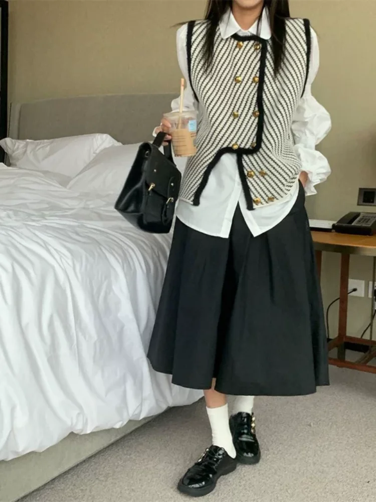 Japonais Harajuku style rayé double boutonnage femmes gilet automne et hiver rétro épicé fille lâche occasionnels de la navette top