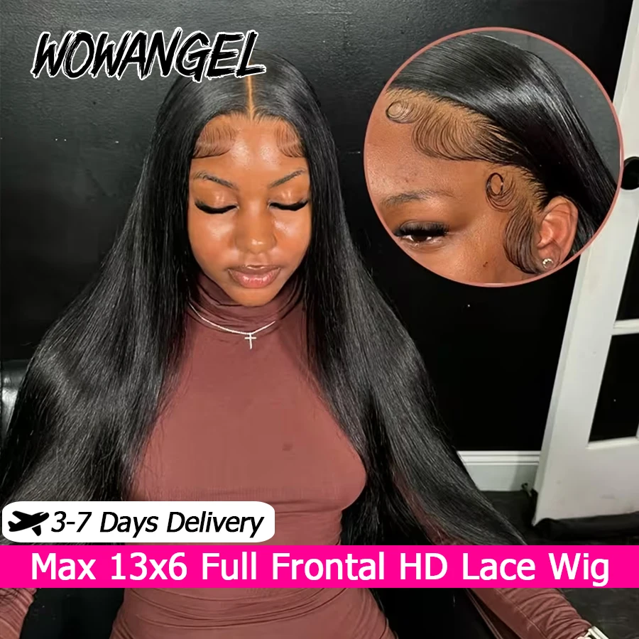 WOWANGEL Jet Black Straight Wigs 13x6 HD Lace Front Wigs 100% Human Hair Pre Plucked Glueless Wig Ready to Wear Brazilian Hair