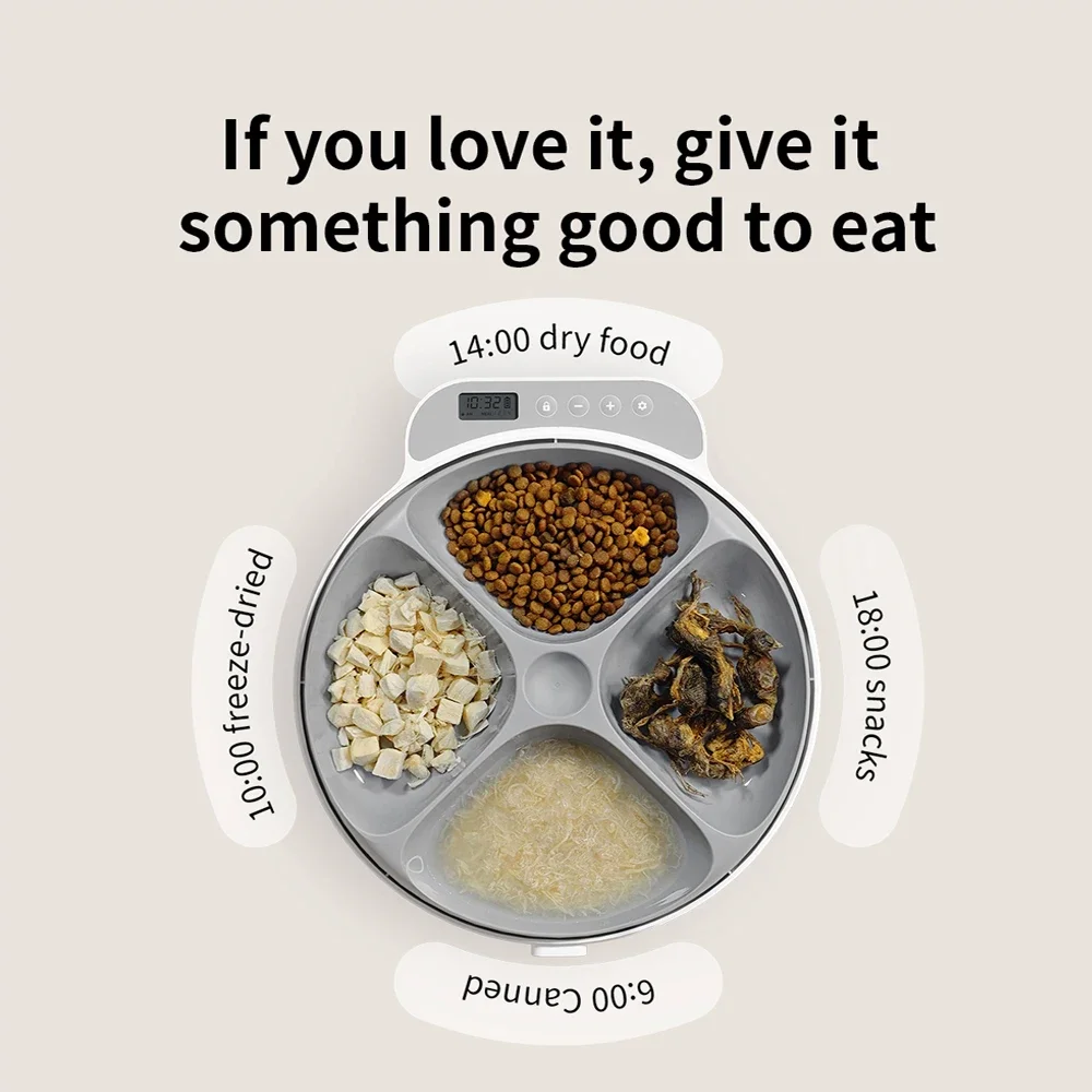 4 وجبات نضارة الطعام الرطب الجاف التلقائي تغذية الحيوانات الأليفة القط الذكية تغذية الكلب الغذاء موزع زر توقيت القط الكلب وعاء التغذية البطيئة