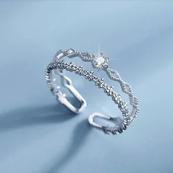 Korean Trendy Floral Zircon Double Layers Open Ring for Women Geometric Cross Cuff Rings Bride Engagement Wedding Ring Jewelry