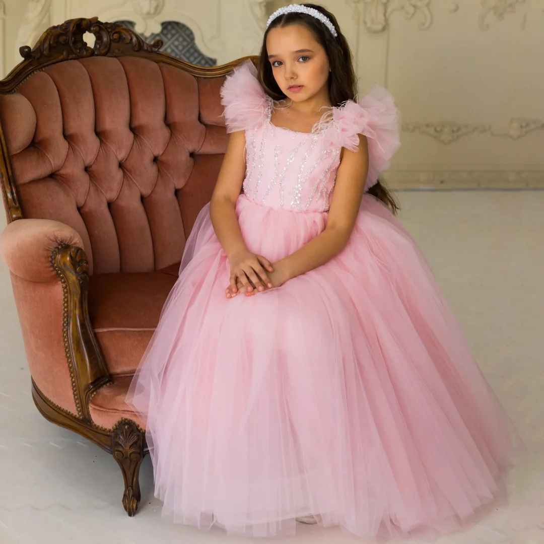 

Customized Flower Girl Dresses Pink Tulle Sparkly Sequin Feather Short Sleeve For Wedding Birthday Party Banquet Princess Gowns