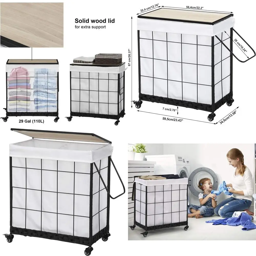 

Прочная корзина для белья со съемной сумкой, колесами, деревянной крышкой и металлической ручкой — органайзер для белой одежды и корзина