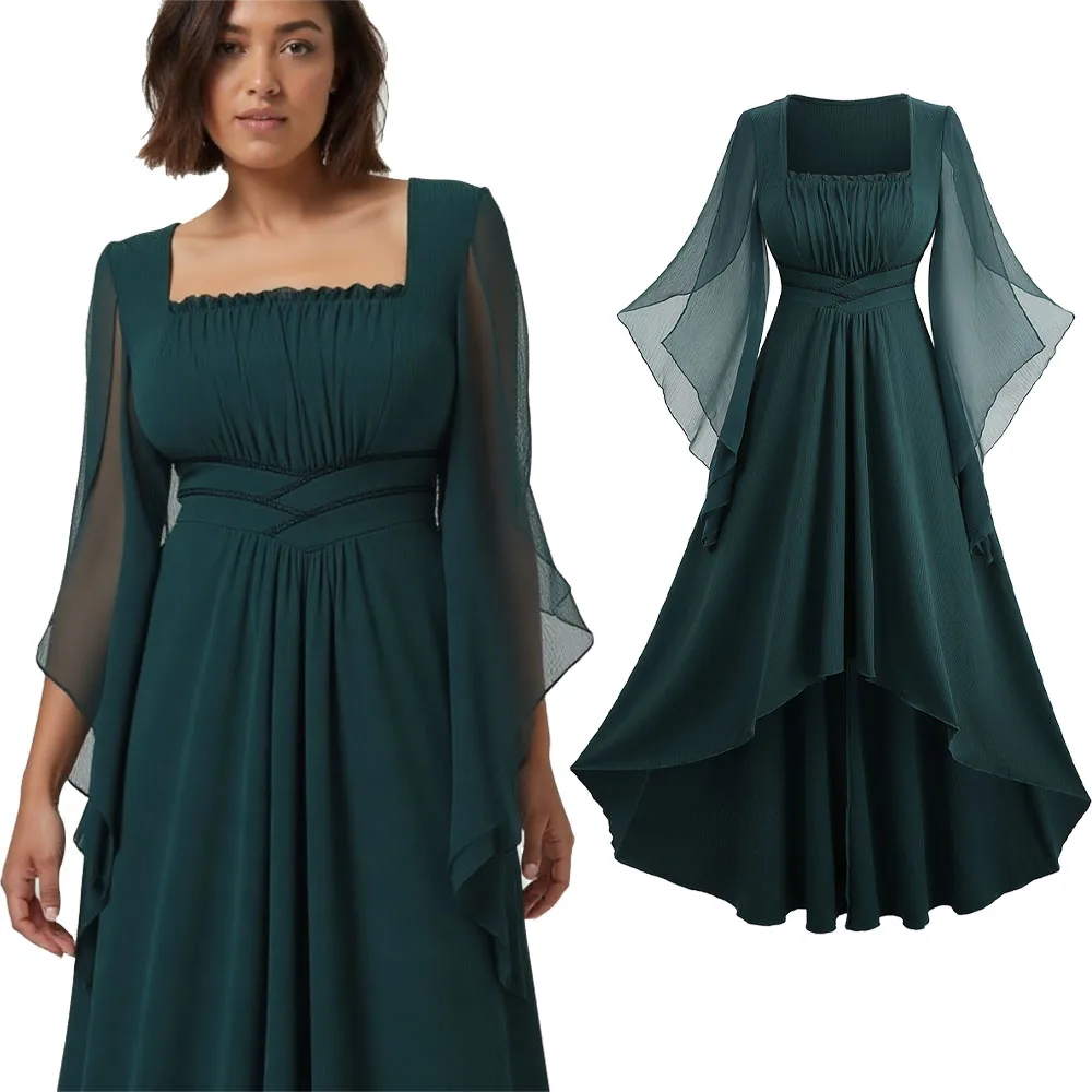 Neue Tiefgrüne Kleider Für Frauen Geraffte Rüschen Panel Sheer Mesh Flare Ärmeln Strukturierte High Low Kleid Herbst Maxi Vestidos