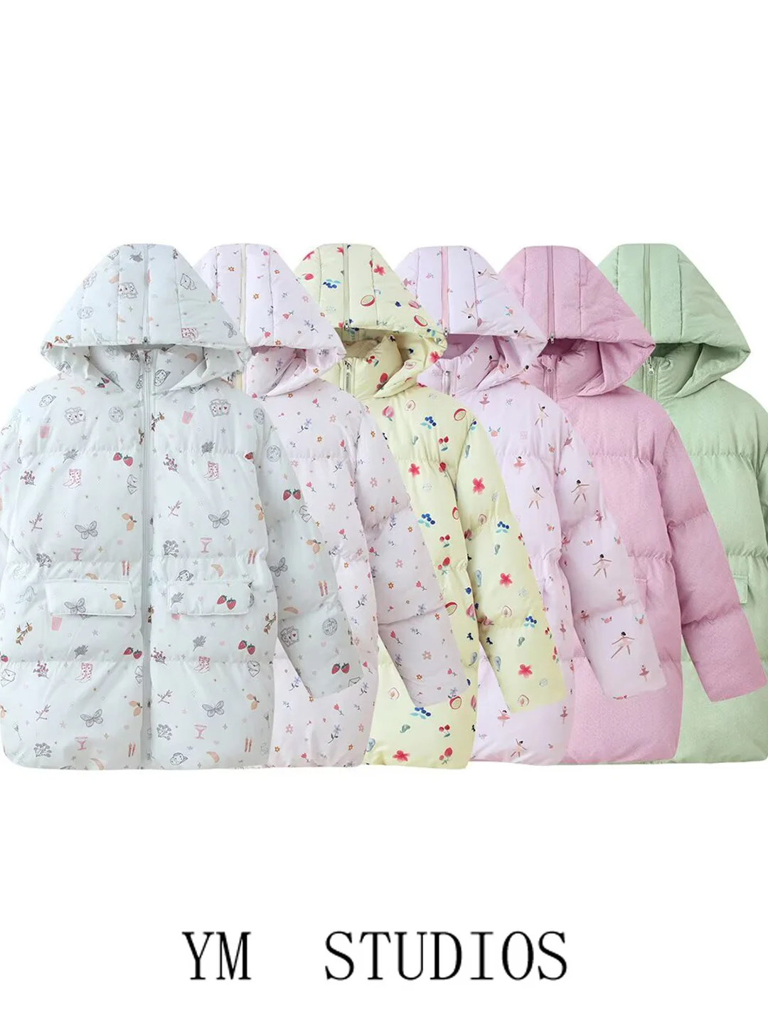 

Thickened Cartoon Print Hooded Cotton Jacket Women's Mid-Length Straight Zipper Bread Style Coat Long Sleeve Winter Coat