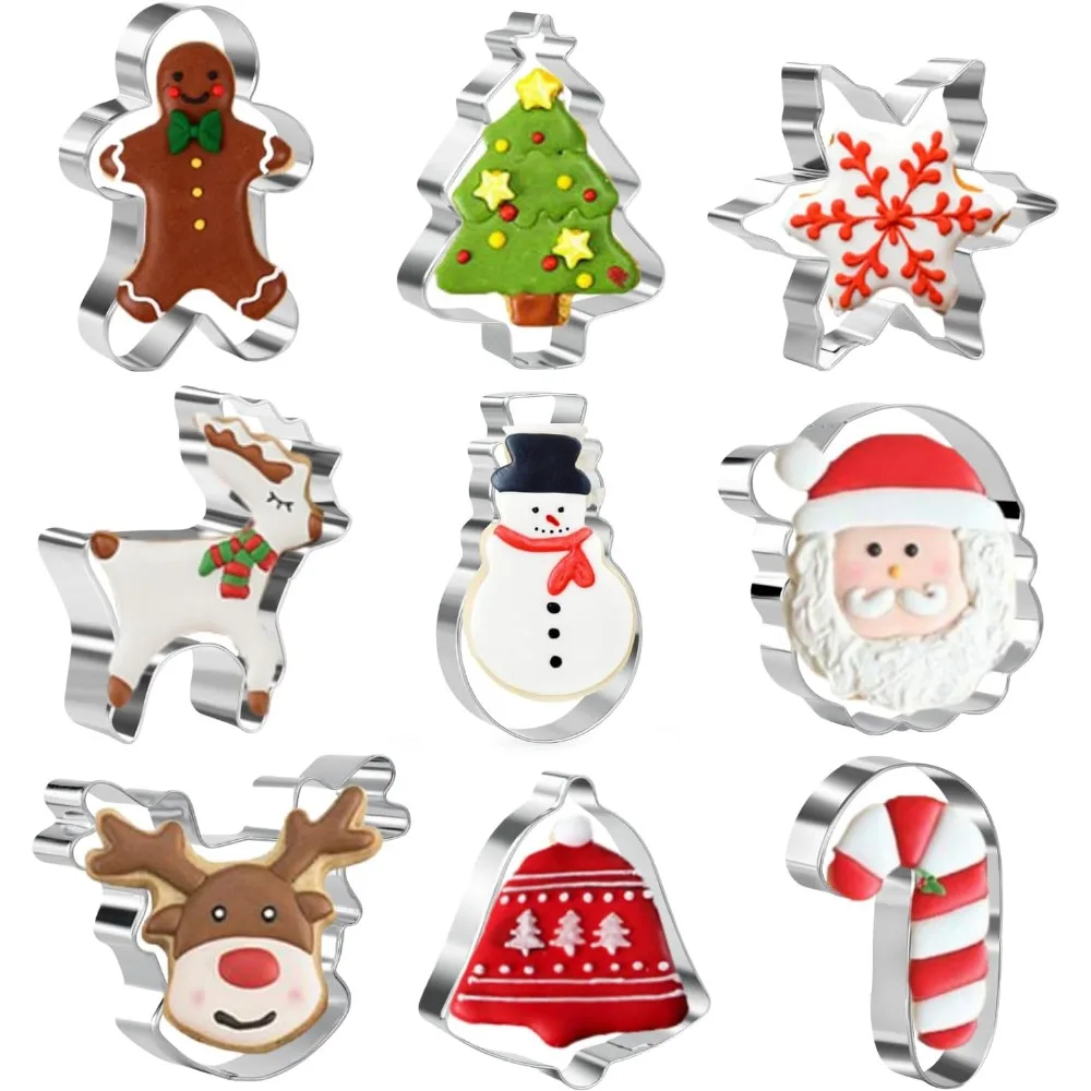 

9-Piece Stainless Steel Christmas Cookie Cutter Set with Snowflake, Gingerbread Man, Tree Shapes for Baking Fun