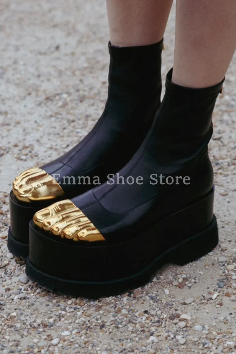 Sepatu Boots Wanita Golden Toe 2025, Model Stretch, Sol Tebal, Resleting, Platform Modern, Sepatu Retro Kulit, Wedge, Lima Jari, Tinggi Betis Sedang