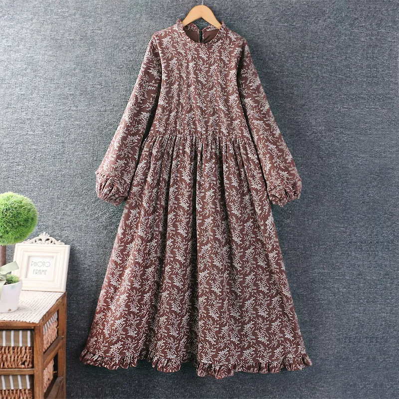 Japanese Mori Girl Vintage Art Floral Print Cotton Long Dress Women Autumn New Stand Collar Long Sleeve Retro Casual Midi Dress