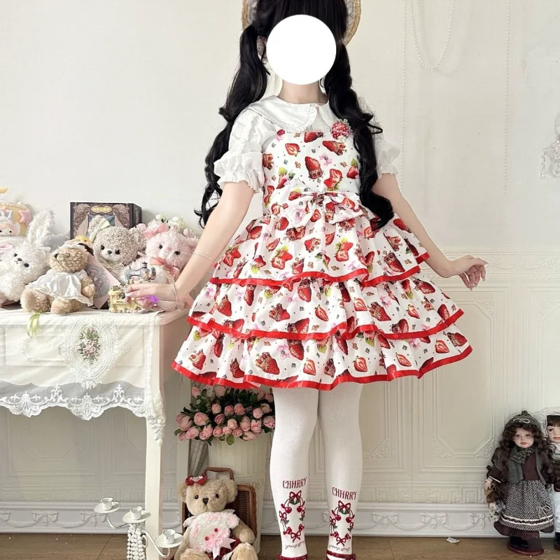 Japanese Sweet Lolita Style Jsk Dress Women Kawaii Print Sleeveless Bow Strawberry Dresses Korean Fashion Party Princess Dresses