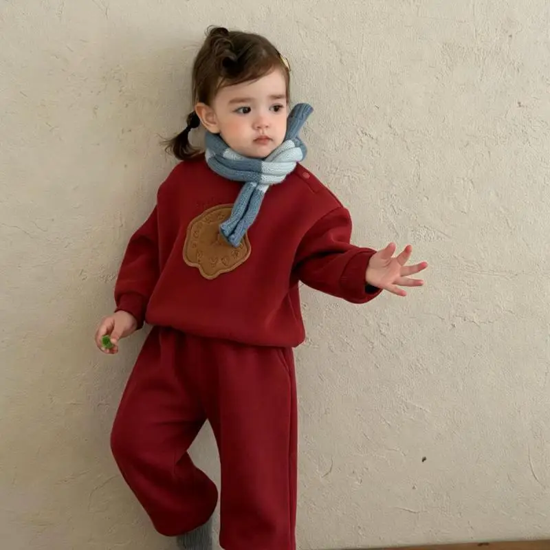 2026 Winter New Baby Long Sleeve Clothes Set Boys Girls Plus Velvet Thick Sweatshirt + Pants 2pcs Suit Toddler Warm Outfits