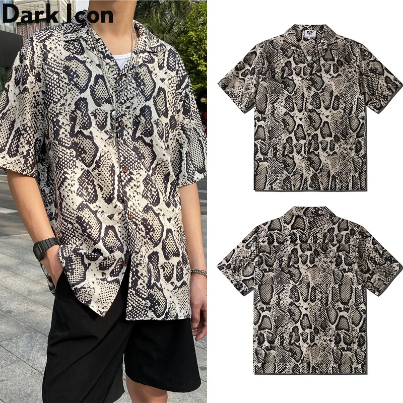 Dark Icon Snake Full Printed V-neck Vintage Shirts for Men Summer Thin Material Holiday Beach Men\'s Shirt Male Top