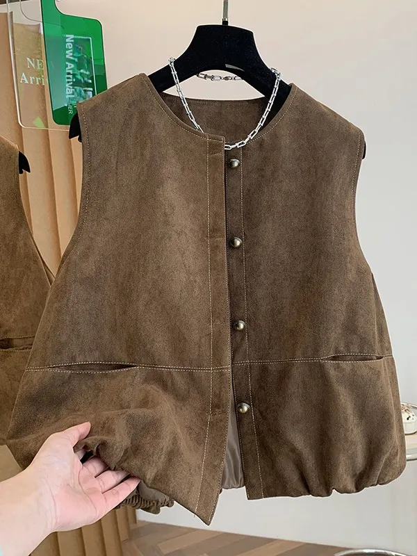 Women's Suede Vest round Neck Sleeveless Outerwear Fashion Casual Loose Fit  Color Button up Backless Top