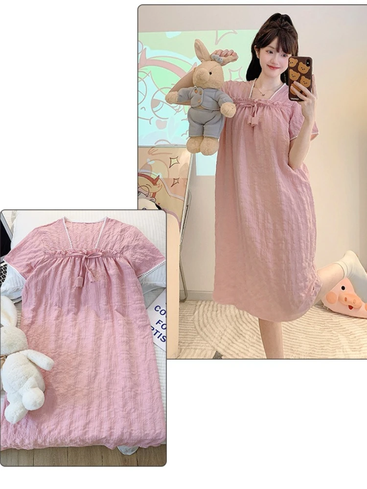 Women Plus Size Nightdress with Chest Pad Solid Cloud Cotton Pajamas Dress Summer Short Sleeved Loose Maternity Mid Home Clothes view 3