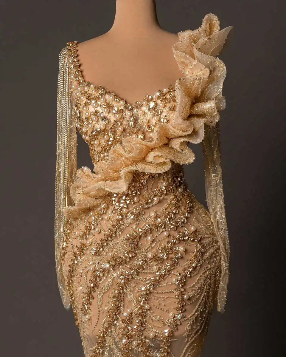 エレガントなカクテルイブニングドレス マーメイド ビーズ パール アップリケ スパンコール マキシレングス スイープトレイン フォーマルドレス カスタマイズ