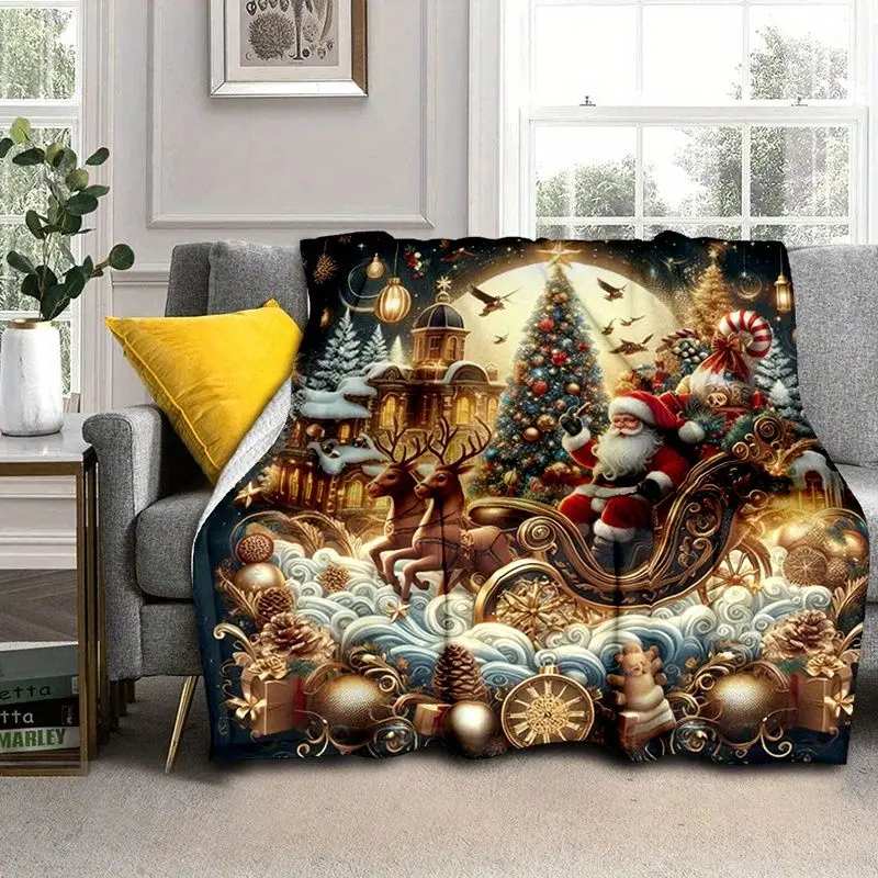 VIKAMA Luxury Christmas Throw Blanket with Santa in Golden Sleigh and Reindeer Merry Christmas Home Decor for Living Room