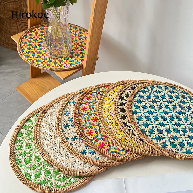 

Rattan Cushion Bamboo Woven Mats Handmade Retro Weaving Woven Colorful Coasters Anti-Scalding Insulation Mats Home Dining Tables