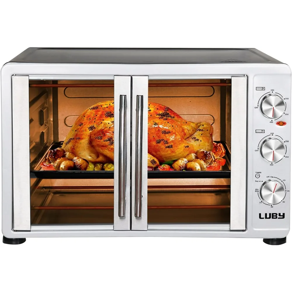 

Large Toaster Oven Countertop, French Door Designed, 55L, 18 Slices, 14'' pizza, 20lb Turkey, Silver