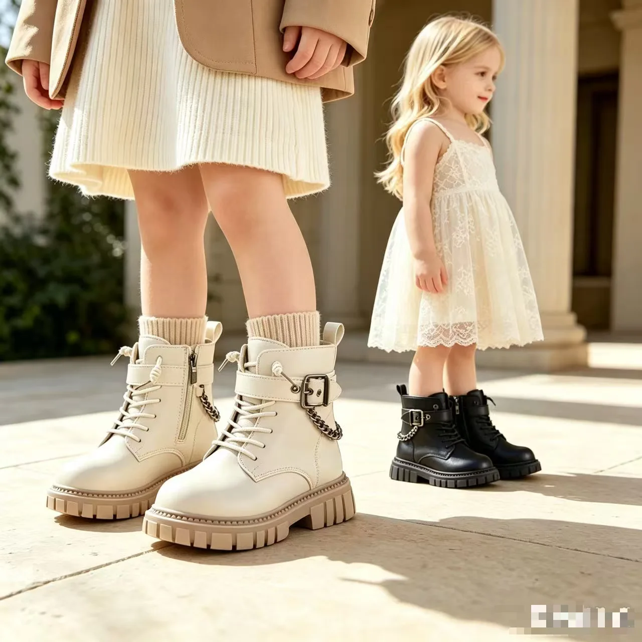New Fall Winter Kids Soft-Soled Warm Chain Short Boots Girl Non-Slip Fleece PU Leather Boots Baby Outdoor Cotton Boots Children