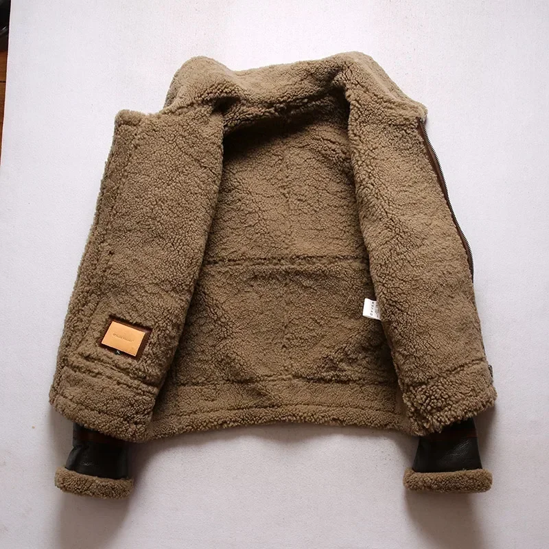 Brown Genuine Shearling Coat Men Military Style Plus Size 6XL Real Natural Thick Sheepskin Winter Warm B3 Bomber Jacket FCY4996